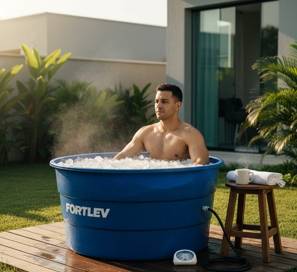 Homem praticando imersão em uma banheira de gelo feita com caixa d'água Fortlev em uma área externa, focando na recuperação muscular e bem-estar. Homem praticando imersão em uma banheira de gelo feita com caixa d'água Fortlev em uma área externa, focando na recuperação muscular e bem-estar.
