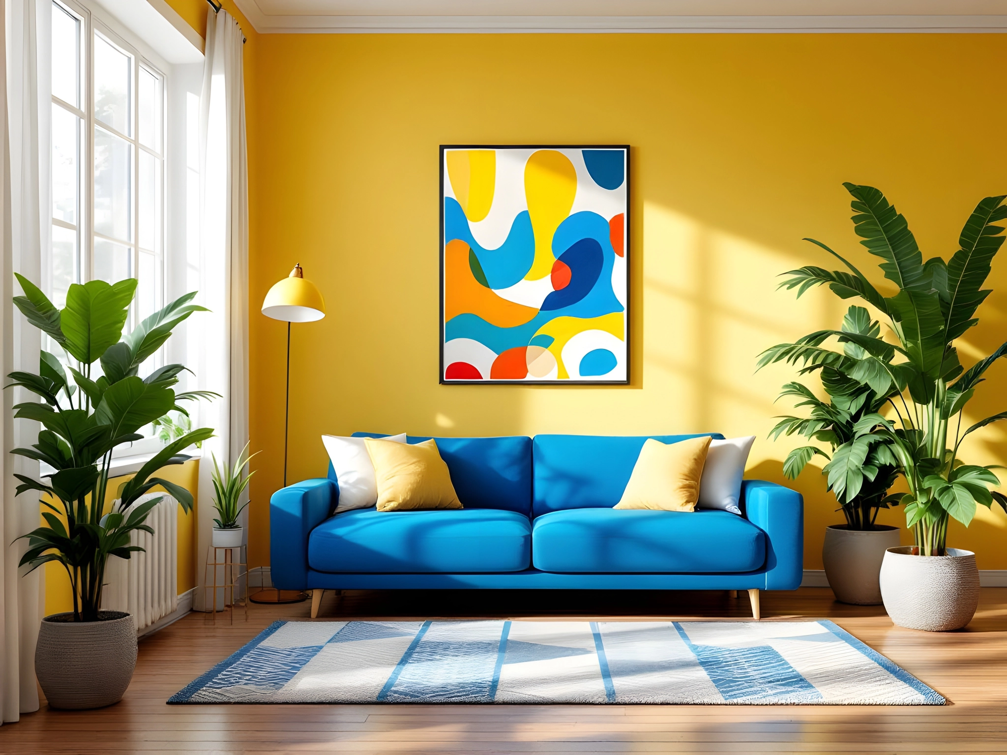 Sala de estar moderna e bem iluminada com paredes pintadas em amarelo vibrante, sofá azul-caneta com almofadas amarelas e brancas, e tapete geométrico azul e branco sobre o piso de madeira. No centro da parede há um quadro abstrato colorido com tons de azul, amarelo e laranja, cercado por plantas ornamentais em vasos. Sala de estar moderna e bem iluminada com paredes pintadas em amarelo vibrante, sofá azul-caneta com almofadas amarelas e brancas, e tapete geométrico azul e branco sobre o piso de madeira. No centro da parede há um quadro abstrato colorido com tons de azul, amarelo e laranja, cercado por plantas ornamentais em vasos.