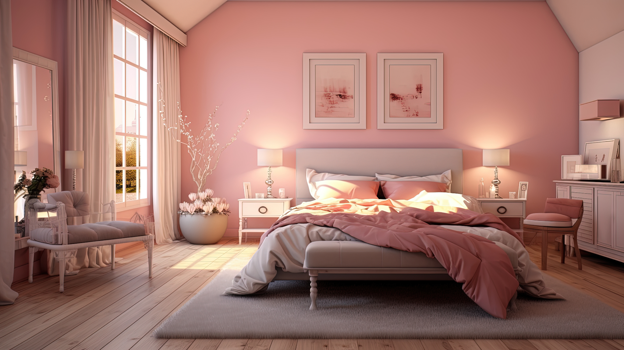 Quarto espaçoso e aconchegante com paredes pintadas em tom rosa-pastel, cama de casal centralizada com roupa de cama em tons de rosa e bege, dois quadros minimalistas na parede acima da cabeceira, abajures acesos nas mesas de cabeceira e uma janela grande por onde entra luz natural suave sobre o piso de madeira clara.
Quarto espaçoso e aconchegante com paredes pintadas em tom rosa-pastel, cama de casal centralizada com roupa de cama em tons de rosa e bege, dois quadros minimalistas na parede acima da cabeceira, abajures acesos nas mesas de cabeceira e uma janela grande por onde entra luz natural suave sobre o piso de madeira clara.