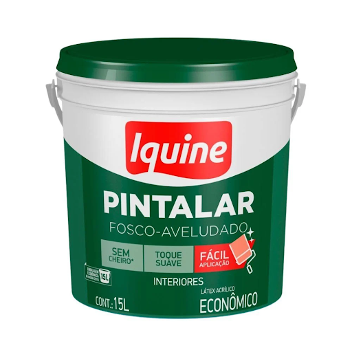 Balde de 15 L da tinta látex acrílica Pintalar Fosco-Aveludado da Iquine sobre fundo branco. A embalagem plástica possui tampa verde e corpo branco e verde, com a marca Iquine em destaque vermelho no topo, indicações de acabamento para interiores e selos informativos de "Sem cheiro", "Toque suave" e "Fácil aplicação".
Balde de 15 L da tinta látex acrílica Pintalar Fosco-Aveludado da Iquine sobre fundo branco. A embalagem plástica possui tampa verde e corpo branco e verde, com a marca Iquine em destaque vermelho no topo, indicações de acabamento para interiores e selos informativos de "Sem cheiro", "Toque suave" e "Fácil aplicação".