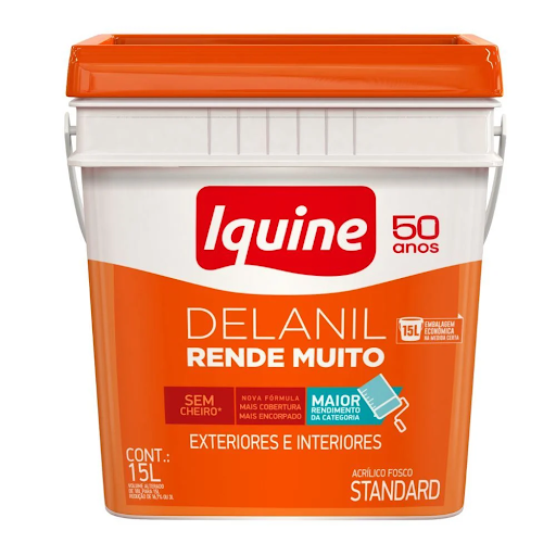 Balde quadrado de 15 L da tinta Delanil Rende Muito Acrílico Fosco Standard da Iquine sobre fundo branco. A embalagem possui tampa e metade inferior na cor laranja e topo branco com o logo vermelho da Iquine e o selo de "50 anos". Há indicações de uso para exteriores e interiores, com destaques para "Sem cheiro", "Mais cobertura" e "Maior rendimento da categoria".
Balde quadrado de 15 L da tinta Delanil Rende Muito Acrílico Fosco Standard da Iquine sobre fundo branco. A embalagem possui tampa e metade inferior na cor laranja e topo branco com o logo vermelho da Iquine e o selo de "50 anos". Há indicações de uso para exteriores e interiores, com destaques para "Sem cheiro", "Mais cobertura" e "Maior rendimento da categoria".