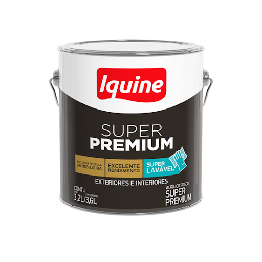 Lata de tinta metálica com detalhes em preto e branco do modelo Super Premium Acrílico Fosco da Iquine, sobre fundo branco. O rótulo traz o logotipo da Iquine em vermelho no topo e selos com as indicações "Exclusiva película anti sujeira", "Excelente rendimento", "Super lavável" e aplicação para exteriores e interiores.
Lata de tinta metálica com detalhes em preto e branco do modelo Super Premium Acrílico Fosco da Iquine, sobre fundo branco. O rótulo traz o logotipo da Iquine em vermelho no topo e selos com as indicações "Exclusiva película anti sujeira", "Excelente rendimento", "Super lavável" e aplicação para exteriores e interiores.