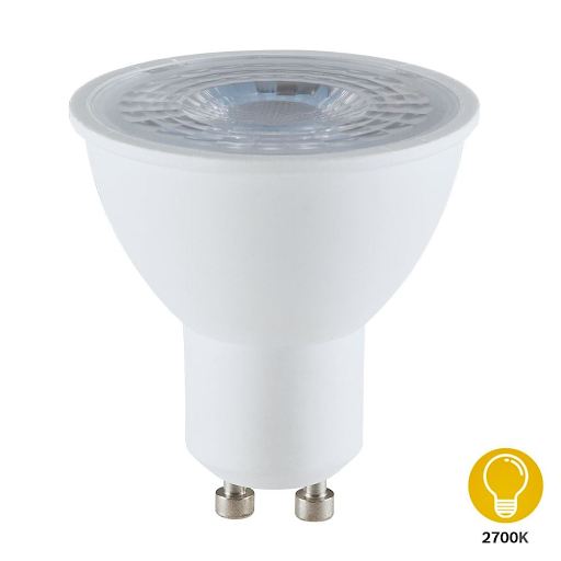Uma lâmpada dicroica de LED, tipo GU10, na cor branca, isolada em um fundo branco. A lâmpada tem um anel de LED visível no topo e a base com dois pinos. Um ícone de lâmpada na parte inferior indica a temperatura de cor de 2700k.