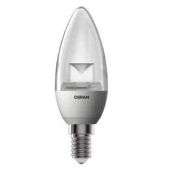 Uma lâmpada LED clara em formato de vela ou chama. A base é branca, com a marca 'OSRAM' visível, e a rosca é do tipo E14. A lâmpada está isolada em um fundo branco.
