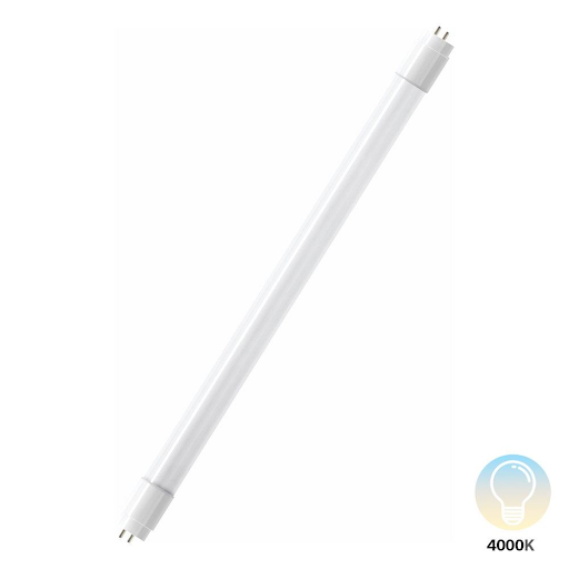 Uma lâmpada tubular de LED, na cor branca e fosca, isolada em um fundo branco. A lâmpada tem pinos nas duas extremidades e um ícone na parte inferior que indica a temperatura de cor de 4000k.