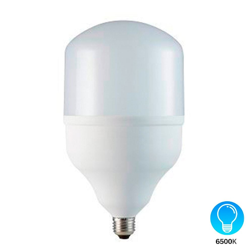 Uma lâmpada LED de alta potência, com formato cilíndrico e base de rosca tipo E27 ou E40. A lâmpada é branca e opaca, isolada em um fundo branco, e um ícone na parte inferior indica a temperatura de cor de 6500K.