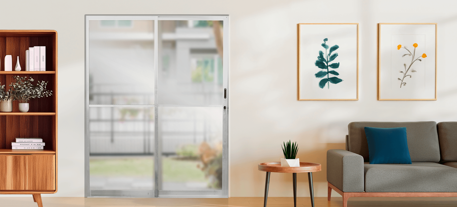 Porta de alumínio de correr (prata) com vidro, instalada em uma sala de estar moderna, com sofá cinza e quadros decorativos. O modelo de porta de alumínio com vidro conecta o ambiente interno ao externo, ideal para quem busca promoções de porta de alumínio Quality.