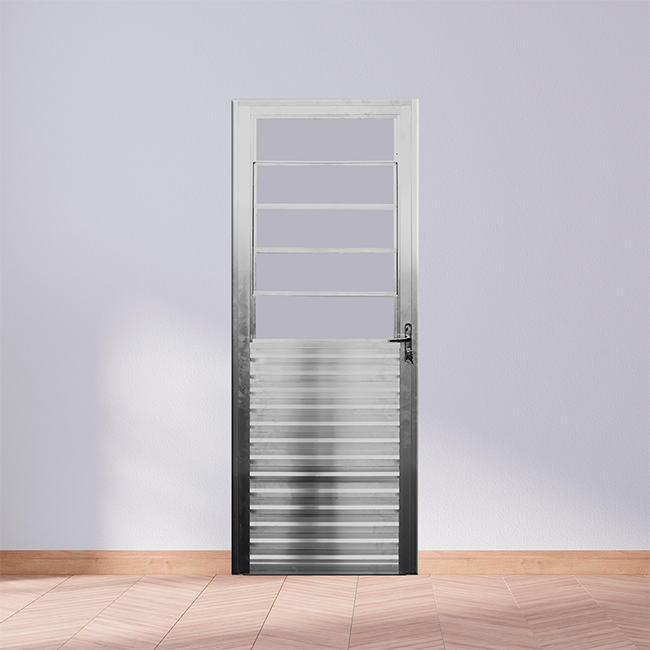 Render de porta de alumínio para cozinha ou área de serviço na cor natural (prata), com basculante). O modelo destaca a ventilação e a praticidade da porta de alumínio Quality