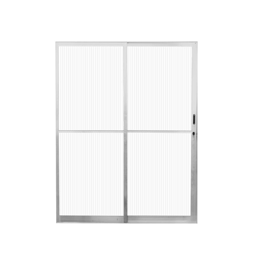 Foto em estúdio de porta de alumínio de correr (balcão) de 4 folhas, na cor natural (prata). O modelo possui vidro canelado (opaco) e é ideal como porta de alumínio para sala ou varanda. Confira as promoções na Tupan.