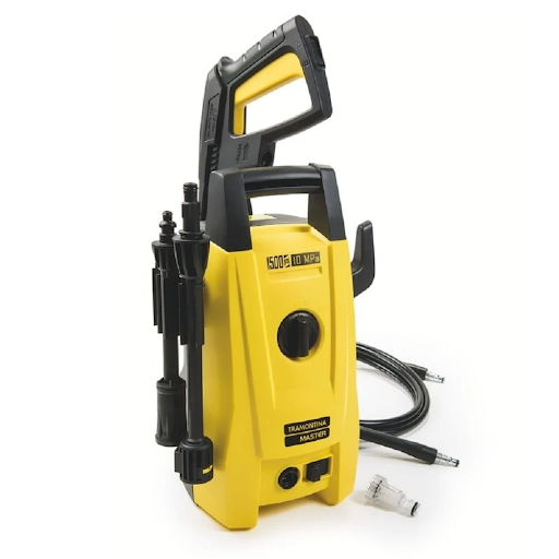 Lavadora de alta pressão Tramontina Master cinza e amarela para uso doméstico.