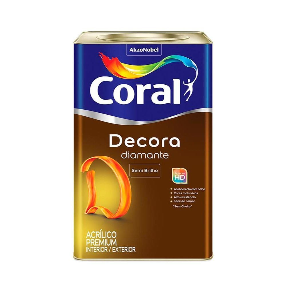 Embalagem de Tinta Coral Decora DIAMANTE (Semi Brilho). A imagem do produto destaca o acabamento com brilho e a facilidade de limpeza, ideal para quem busca tintas para parede em promoção e o preço de tinta de parede 18 litros barata. Embalagem de Tinta Coral Decora DIAMANTE (Semi Brilho). A imagem do produto destaca o acabamento com brilho e a facilidade de limpeza, ideal para quem busca tintas para parede em promoção e o preço de tinta de parede 18 litros barata.