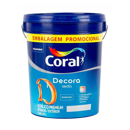 Embalagem promocional de Tinta Coral Decora SEDA (acetinado), de 20 litros. Embalagem promocional de Tinta Coral Decora SEDA (acetinado), de 20 litros.