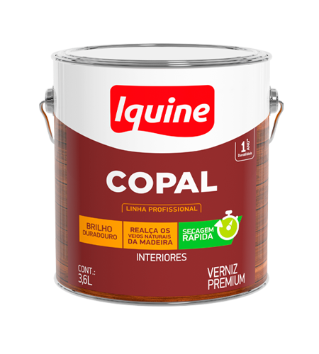 Lata de Verniz Copal Iquine, linha profissional, com rótulo marrom e branco. O rótulo destaca '1 ano de durabilidade', 'Brilho Duradouro', 'Realça os Veios Naturais da Madeira' e 'Secagem Rápida', para uso em 'Interiores'. O conteúdo é de 3,6L. Lata de Verniz Copal Iquine, linha profissional, com rótulo marrom e branco. O rótulo destaca '1 ano de durabilidade', 'Brilho Duradouro', 'Realça os Veios Naturais da Madeira' e 'Secagem Rápida', para uso em 'Interiores'. O conteúdo é de 3,6L.