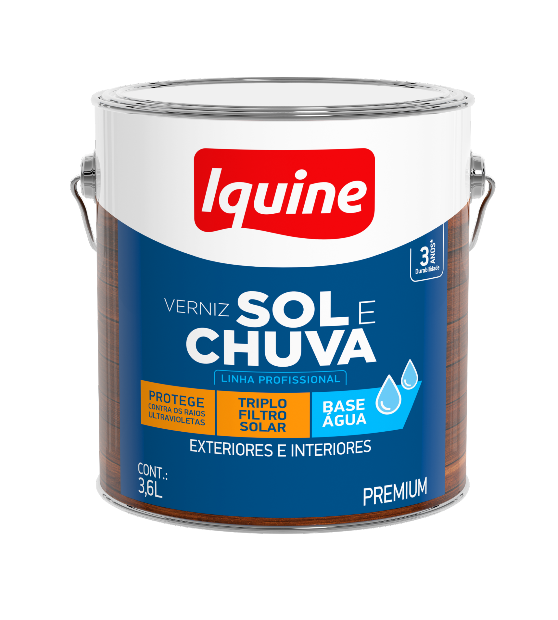 Lata de Verniz Sol e Chuva Iquine, linha profissional, com rótulo azul e branco. Destaca '3 anos de durabilidade', 'Protege contra os raios ultravioletas', 'Triplo Filtro Solar' e 'Base Água', para uso em 'Exteriores e Interiores'. O conteúdo é de 3,6L. Lata de Verniz Sol e Chuva Iquine, linha profissional, com rótulo azul e branco. Destaca '3 anos de durabilidade', 'Protege contra os raios ultravioletas', 'Triplo Filtro Solar' e 'Base Água', para uso em 'Exteriores e Interiores'. O conteúdo é de 3,6L.