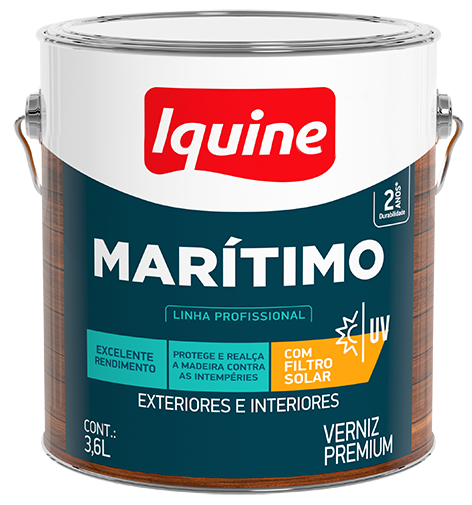 Lata de Verniz Marítimo Iquine com rótulo azul-petróleo e branco. O rótulo destaca 'Linha Profissional', '2 anos de durabilidade', 'Com Filtro Solar', 'Excelente Rendimento' e 'Protege e Realça a Madeira Contra as Intempéries', indicando uso para 'Exteriores e Interiores'. O conteúdo é de 3,6L. Lata de Verniz Marítimo Iquine com rótulo azul-petróleo e branco. O rótulo destaca 'Linha Profissional', '2 anos de durabilidade', 'Com Filtro Solar', 'Excelente Rendimento' e 'Protege e Realça a Madeira Contra as Intempéries', indicando uso para 'Exteriores e Interiores'. O conteúdo é de 3,6L.