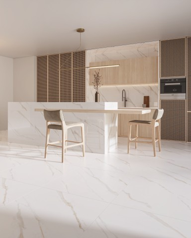 cozinha minimalista com o porcelanato Malden Bianco Lux, conferindo sofisticação ao ambiente.