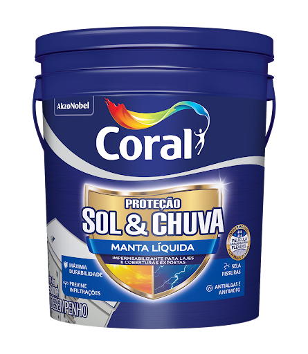 Balde azul de Manta Líquida Coral Proteção Sol & Chuva, impermeabilizante para lajes e coberturas expostas. A embalagem possui o logotipo da Coral no topo e um escudo dourado ao centro, destacando selos com as propriedades de "Máxima durabilidade", "Previne infiltrações", "Sela fissuras", "Antialgas e antimofo" e "Película emborrachada flexível". Balde azul de Manta Líquida Coral Proteção Sol & Chuva, impermeabilizante para lajes e coberturas expostas. A embalagem possui o logotipo da Coral no topo e um escudo dourado ao centro, destacando selos com as propriedades de "Máxima durabilidade", "Previne infiltrações", "Sela fissuras", "Antialgas e antimofo" e "Película emborrachada flexível".