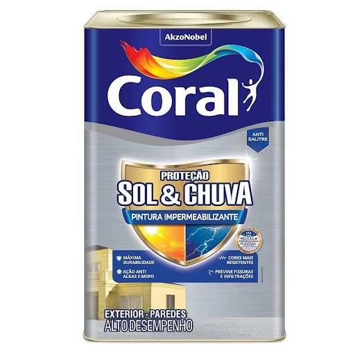 Lata retangular metálica da tinta Coral Proteção Sol & Chuva Pintura Impermeabilizante sobre fundo branco. A embalagem possui o logotipo da Coral no topo em fundo azul, um escudo dourado ao centro com as inscrições do produto e selos destacando características como "Máxima durabilidade", "Ação anti algas e mofo", "Previne fissuras e infiltrações" e "Anti salitre". Lata retangular metálica da tinta Coral Proteção Sol & Chuva Pintura Impermeabilizante sobre fundo branco. A embalagem possui o logotipo da Coral no topo em fundo azul, um escudo dourado ao centro com as inscrições do produto e selos destacando características como "Máxima durabilidade", "Ação anti algas e mofo", "Previne fissuras e infiltrações" e "Anti salitre".