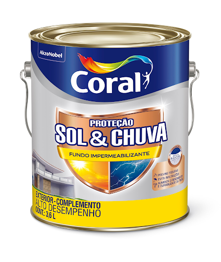 Lata metálica cilíndrica de 3,6 L de Fundo Impermeabilizante Coral Proteção Sol & Chuva, sobre fundo branco. A embalagem traz o logotipo da Coral no topo em fundo azul, base amarela e um escudo dourado ao centro, destacando benefícios como "Alto poder selante", "Película flexível", "Previne fissuras", "Evita infiltrações" e "Aumenta o rendimento e durabilidade da tinta". Lata metálica cilíndrica de 3,6 L de Fundo Impermeabilizante Coral Proteção Sol & Chuva, sobre fundo branco. A embalagem traz o logotipo da Coral no topo em fundo azul, base amarela e um escudo dourado ao centro, destacando benefícios como "Alto poder selante", "Película flexível", "Previne fissuras", "Evita infiltrações" e "Aumenta o rendimento e durabilidade da tinta".