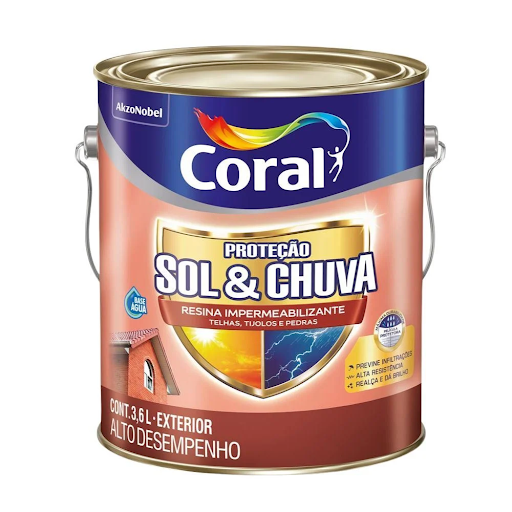 Lata metálica cilíndrica de 3,6 L de Resina Impermeabilizante Coral Proteção Sol & Chuva a base de água, sobre fundo branco. A embalagem em tons de terracota e azul traz o logotipo da Coral no topo e um escudo dourado ao centro, com indicação para uso em telhas, tijolos e pedras, destacando benefícios como "Previne infiltrações", "Alta resistência" e "Realça e dá brilho". Lata metálica cilíndrica de 3,6 L de Resina Impermeabilizante Coral Proteção Sol & Chuva a base de água, sobre fundo branco. A embalagem em tons de terracota e azul traz o logotipo da Coral no topo e um escudo dourado ao centro, com indicação para uso em telhas, tijolos e pedras, destacando benefícios como "Previne infiltrações", "Alta resistência" e "Realça e dá brilho".