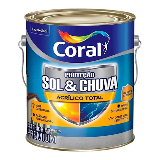 Lata metálica cilíndrica de tinta Coral Proteção Sol & Chuva Acrílico Total com acabamento fosco, sobre fundo branco. A embalagem azul possui o logotipo colorido da Coral no topo e um escudo prateado e amarelo ao centro, destacando selos com as propriedades de "Mais cobertura", "Ação anti algas e mofo", "Maior durabilidade" e "Cores mais resistentes". Lata metálica cilíndrica de tinta Coral Proteção Sol & Chuva Acrílico Total com acabamento fosco, sobre fundo branco. A embalagem azul possui o logotipo colorido da Coral no topo e um escudo prateado e amarelo ao centro, destacando selos com as propriedades de "Mais cobertura", "Ação anti algas e mofo", "Maior durabilidade" e "Cores mais resistentes".