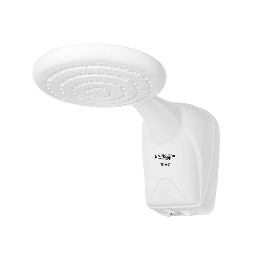 Imagem do Chuveiro Eletrônico Granducha da FAME, com design moderno, controle eletrônico de temperatura e espalhador amplo, destacando sua resistência para água salobra.