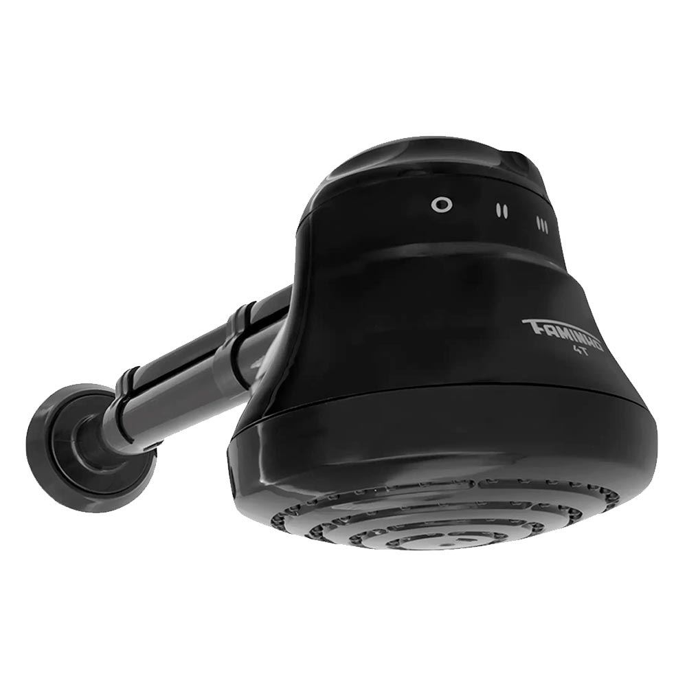 Imagem do chuveiro elétrico Faminho 4T preto da FAME, com 4 temperaturas e braço de 30cm, destacando seu design e o maior volume de água.