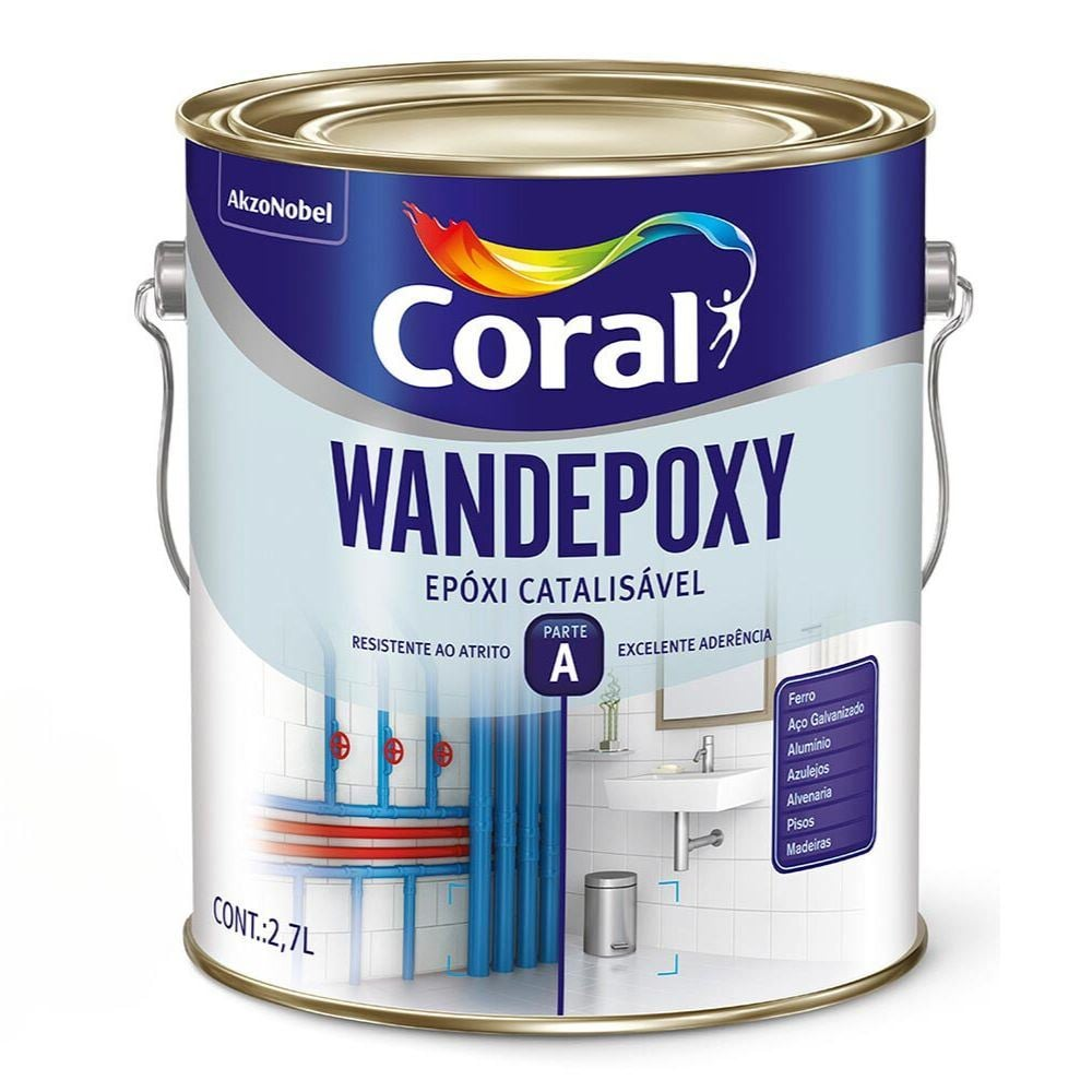 Balde de tinta de 2,7 litros da marca Coral Wandepoxy. O rótulo mostra uma área de banheiro com azulejos brancos e indica que a tinta é epóxi catalisável, resistente ao atrito e com excelente aderência. É recomendada para superfícies como ferro, aço, azulejos, alvenaria e madeiras.