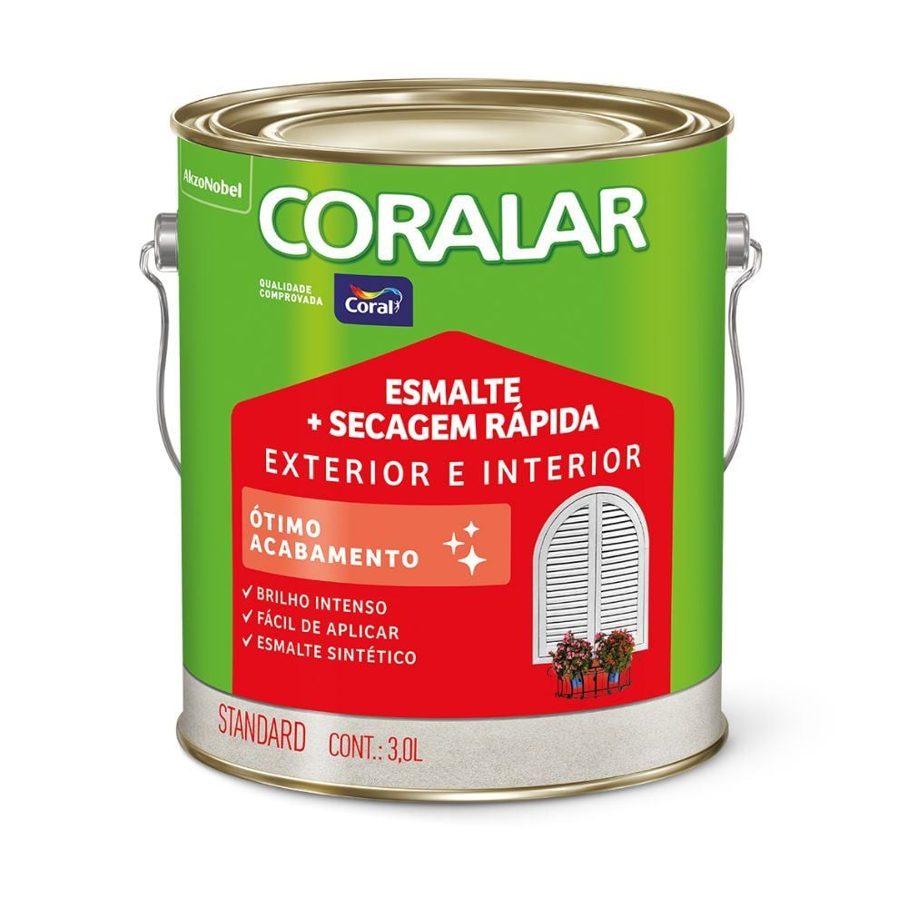 Balde de tinta de 3,6 litros da marca Coralar, com rótulo verde na parte superior e vermelho na parte inferior, e tampa verde. O rótulo vermelho indica 'Esmalte + Secagem Rápida' para 'Exterior e Interior', prometendo 'Ótimo Acabamento' e 'Brilho Intenso'.