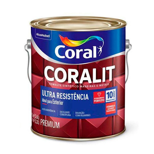 Lata metálica de tinta Coralit Esmalte Sintético para madeiras e metais sobre fundo branco. A embalagem vermelha e azul traz o logotipo da Coral no topo e os destaques "Ultra Resistência", "Ideal para Exterior", "10 anos de durabilidade" e "Diluição com aguarrás".