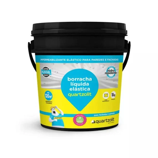 Balde de 18 kg da borracha líquida elástica Quartzolit sobre fundo branco. A embalagem possui tampa e alça pretas, rótulo em tons de azul e amarelo com destaque para as propriedades de impermeabilizante elástico, hidrorepelente e super flexível para paredes e fachadas. Balde de 18 kg da borracha líquida elástica Quartzolit sobre fundo branco. A embalagem possui tampa e alça pretas, rótulo em tons de azul e amarelo com destaque para as propriedades de impermeabilizante elástico, hidrorepelente e super flexível para paredes e fachadas.