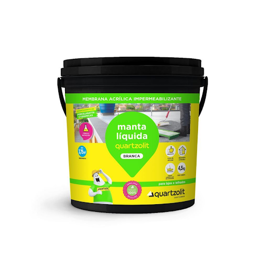 Balde de 4,5 kg da manta líquida branca impermeabilizante Quartzolit sobre fundo branco. A embalagem plástica possui tampa e alça pretas, rótulo em amarelo e verde com destaque para o nome do produto, indicações para lajes e telhados e ilustração do mascote da marca.