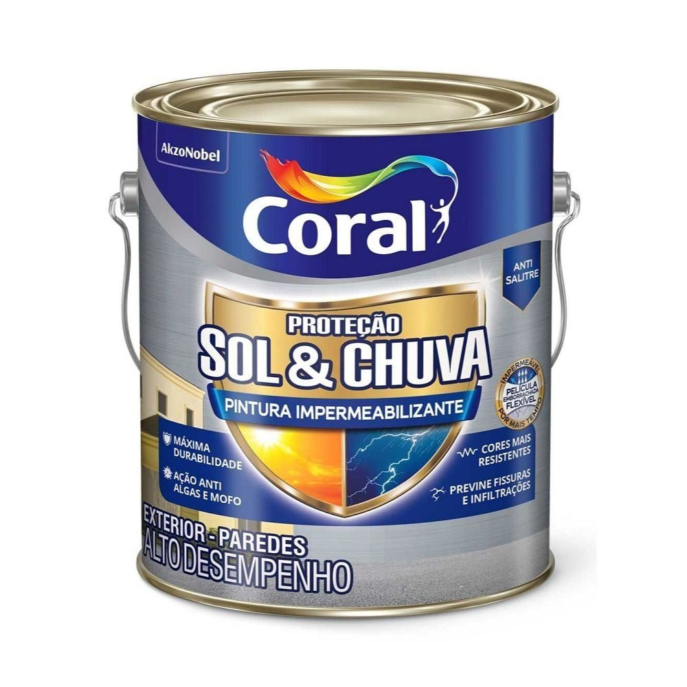 Lata de tinta impermeabilizante para parede externa Coral Proteção Sol & Chuva, com fundo azul e branco. O rótulo destaca 'Proteção Sol & Chuva', 'Pintura Impermeabilizante', 'Máxima Durabilidade', 'Ação Anti Algas e Mofo', 'Anti Salitre', 'Cores Mais Resistentes' e 'Previne Fissuras e Infiltrações', indicando ser um produto de 'Alto Desempenho' para 'Exterior - Paredes'. Lata de tinta impermeabilizante para parede externa Coral Proteção Sol & Chuva, com fundo azul e branco. O rótulo destaca 'Proteção Sol & Chuva', 'Pintura Impermeabilizante', 'Máxima Durabilidade', 'Ação Anti Algas e Mofo', 'Anti Salitre', 'Cores Mais Resistentes' e 'Previne Fissuras e Infiltrações', indicando ser um produto de 'Alto Desempenho' para 'Exterior - Paredes'.