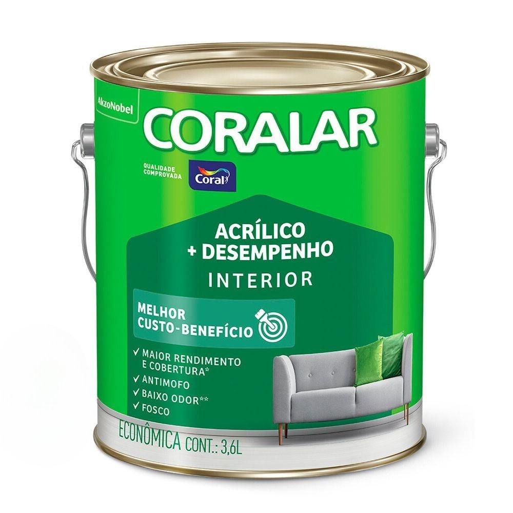 Lata de tinta Coralar Acrílico + Desempenho Interior, com design verde e cinza metálico. O rótulo destaca 'Qualidade Comprovada Coral', 'Melhor Custo-Benefício', 'Maior rendimento e cobertura', 'Antimofo', 'Baixo odor' e 'Fosco'.
