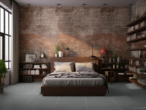 Quarto de casal com decoração industrial com parede de tijolinhos e chão com piso cerâmico imitando cimento queimado.