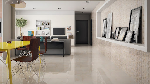 Revestimento para sala marmorizado da Pointer, aplicado no chão de sala com dois ambientes (sala de tv e sala de jantar).