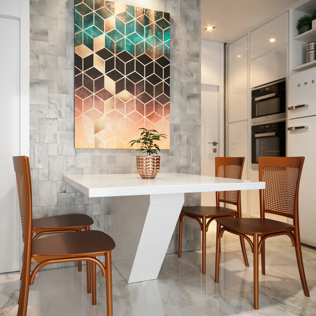 Cozinha moderna com mesa branca quadrada e quatro cadeiras de plástico marrom com design inspirado em cadeiras de palha. Cozinha moderna com mesa branca quadrada e quatro cadeiras de plástico marrom com design inspirado em cadeiras de palha.