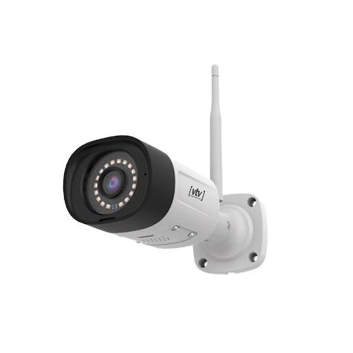 Câmera de vigilância externa tipo bullet branca VTV com tecnologia infravermelho e conexão sem fio.