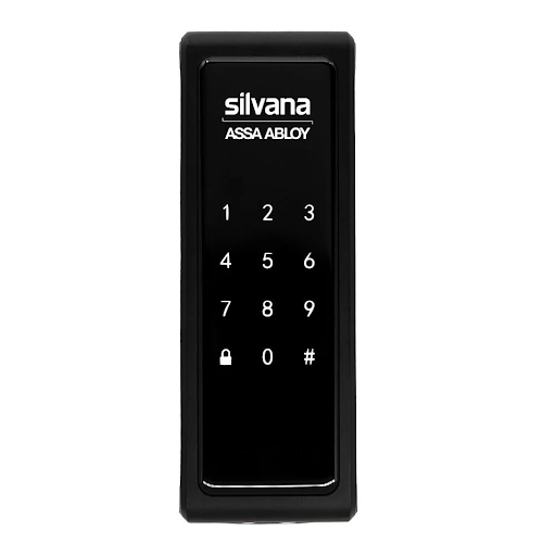 Fechadura eletrônica digital preta de sobrepor com acesso via biometria ou senha numérica. Título: Fechadura digital Smart Lock - SILVANA