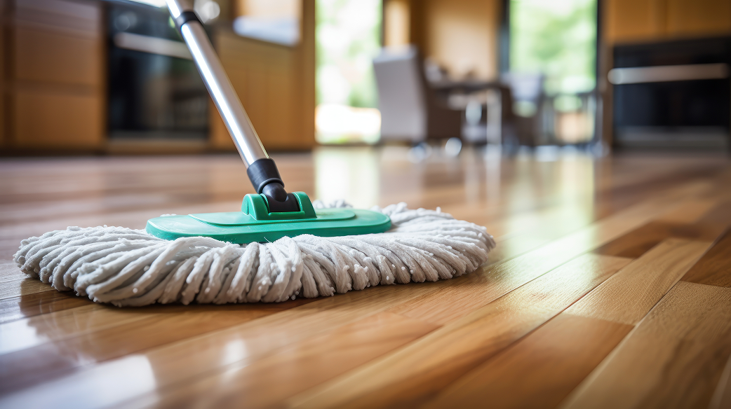 Foto de um mop verde e branco em um piso de madeira, com foco no esfregão que está em contato com a superfície