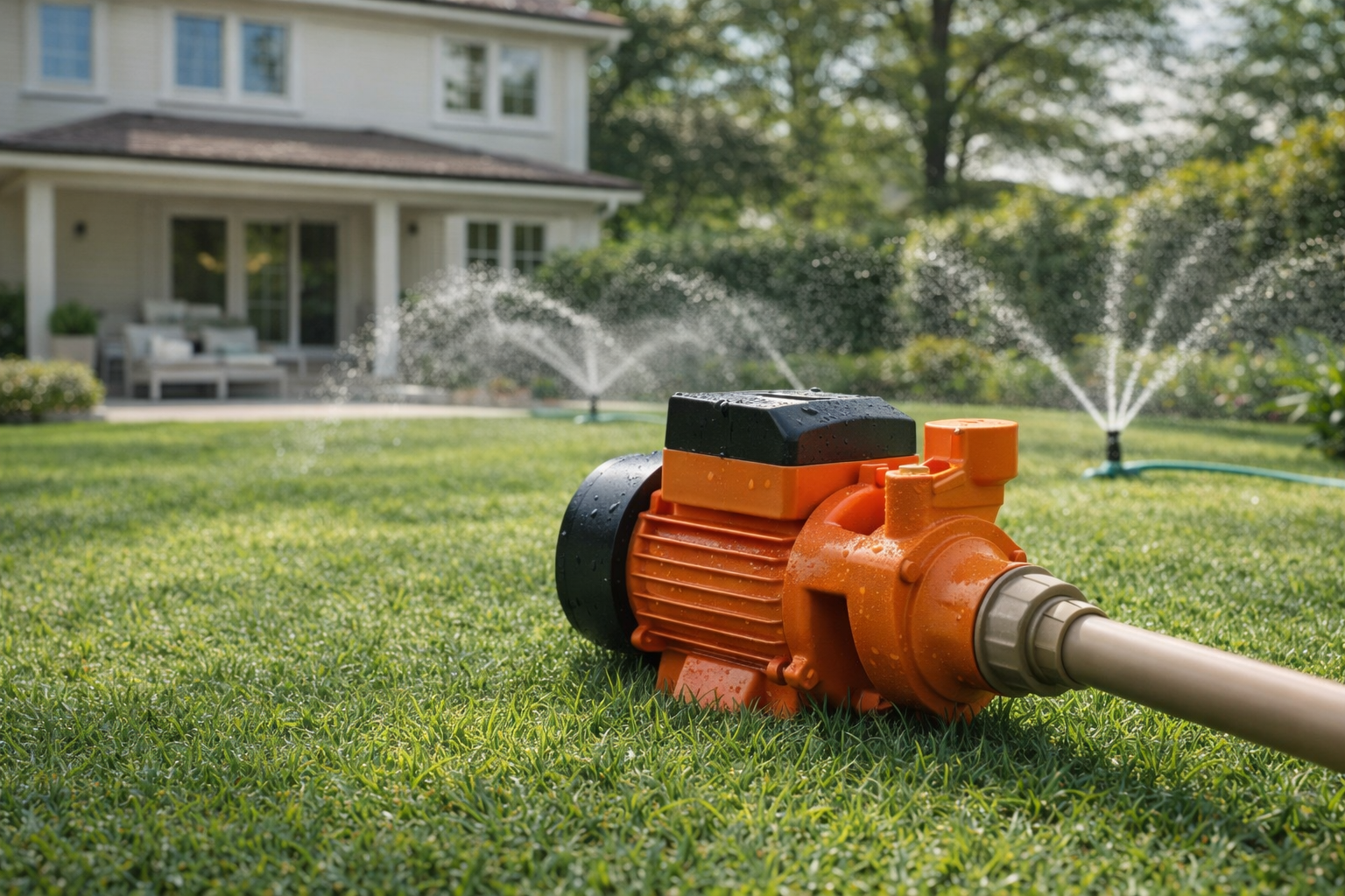 Bomba d’água residencial laranja conectada a uma mangueira em um jardim com sistema de irrigação automático em frente a uma casa.