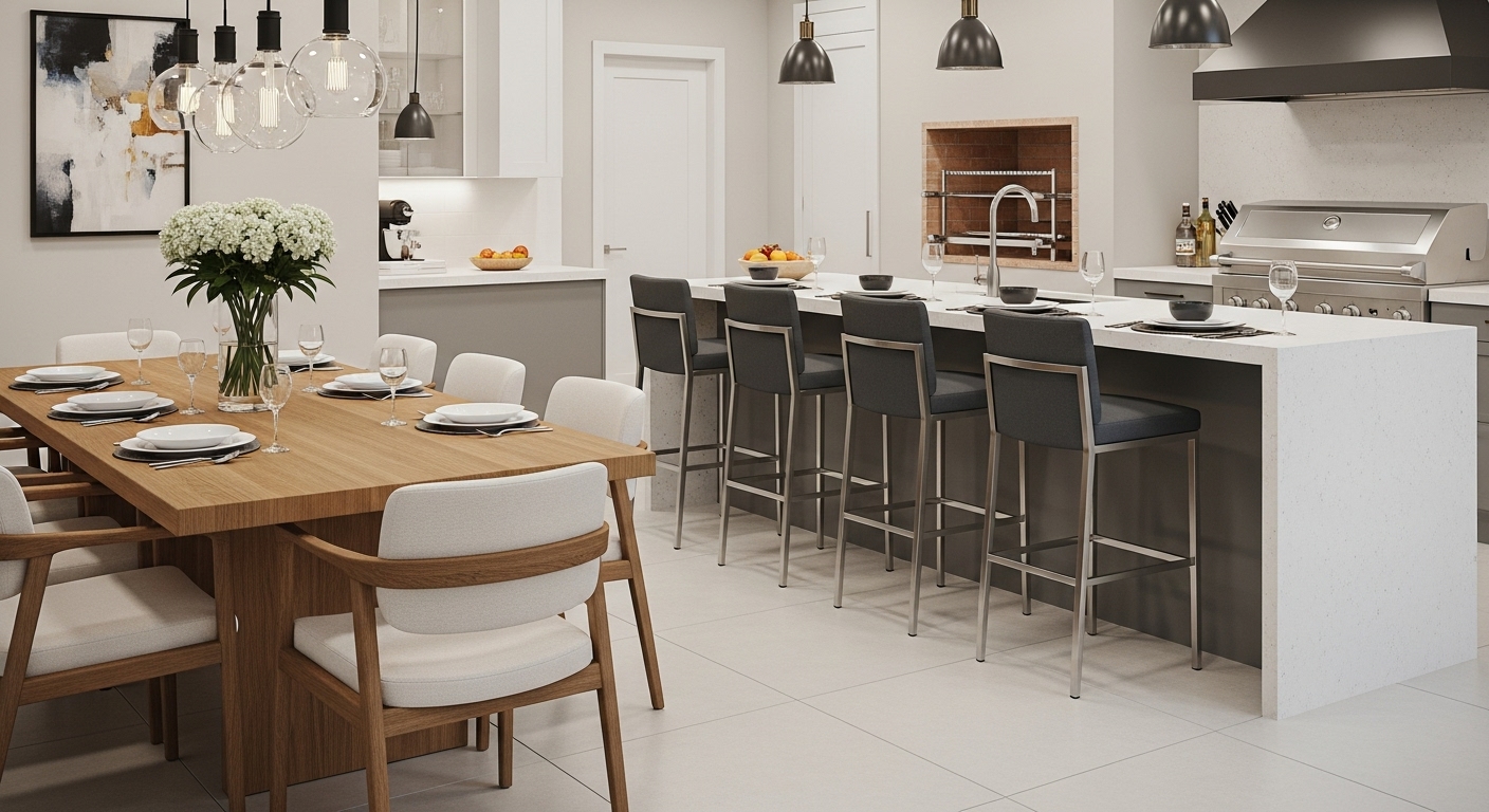 Uma espaçosa e moderna área gourmet com piso claro, possuindo uma grande ilha central com seis banquetas de assento escuro e estrutura metálica. Ao fundo, uma churrasqueira embutida e uma pia. À esquerda, uma mesa de jantar de madeira clara com várias cadeiras, e pendentes pretos sobre a ilha e a mesa. O ambiente é bem iluminado e decorado com plantas e itens de cozinha.