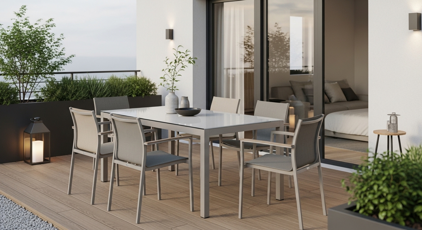 Terraço moderno com piso de deck de madeira e um conjunto de mesa retangular com tampo branco e pernas claras, acompanhada de seis cadeiras com estrutura metálica cinza e estofamento bege. O ambiente é decorado com vasos de plantas, lanternas decorativas e tem uma porta de vidro deslizante que leva a um ambiente interno. Paredes brancas e iluminação externa complementam o cenário.