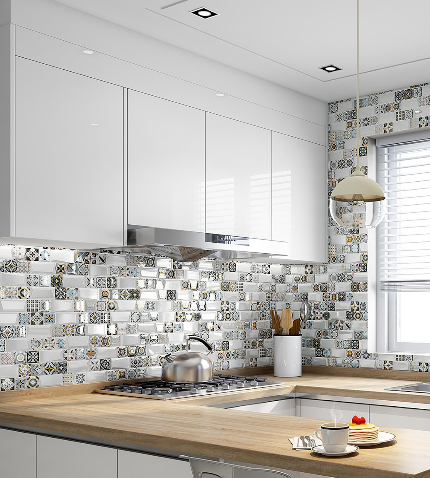 Cozinha moderna com cerâmica branca para cozinha na parede em formato subway tile, com padrões decorativos coloridos. O artigo mostra revestimento branco para cozinha e modelos de cerâmica para cozinha simples em promoção black friday na Tupan.