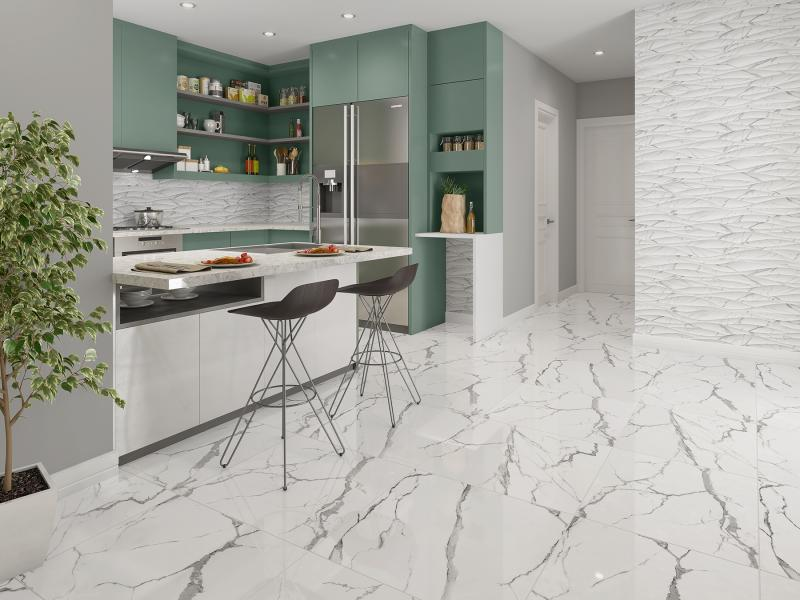 Cozinha/sala de jantar com revestimento branco para cozinha no piso, imitando mármore branco com veios cinza. O artigo destaca pisos para cozinha baratos e modelos de cerâmica para cozinha elegantes na promoção black friday.