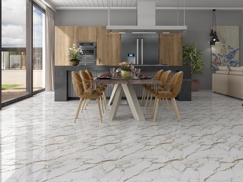 Cozinha moderna e clean com revestimento branco para cozinha marmorizado. O artigo destaca o custo-benefício da cerâmica branca para cozinha e o piso branco para cozinha nas promoções black friday.