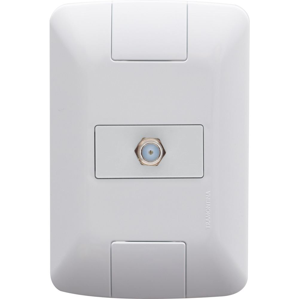 Close-up do Módulo de Tomada para TV (Antena Coaxial) da Tramontina Tomada, de cor branca. O componente faz parte da linha de tomadas e interruptores Tramontina. 