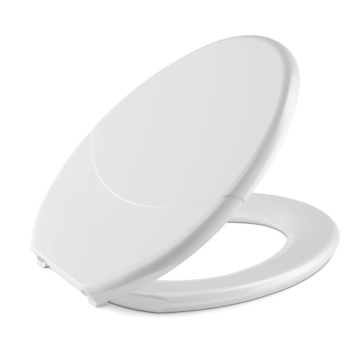 Assento sanitário branco de formato oval com design anatômico na tampa, exibido semiaberto com dobradiças discretas na mesma cor, isolado sobre um fundo branco. Assento sanitário branco de formato oval com design anatômico na tampa, exibido semiaberto com dobradiças discretas na mesma cor, isolado sobre um fundo branco.