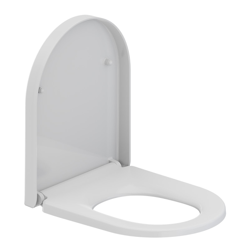 Assento sanitário branco de formato oval e design moderno, com a tampa aberta na posição vertical e o assento apoiado na horizontal, isolado sobre um fundo branco. Assento sanitário branco de formato oval e design moderno, com a tampa aberta na posição vertical e o assento apoiado na horizontal, isolado sobre um fundo branco.