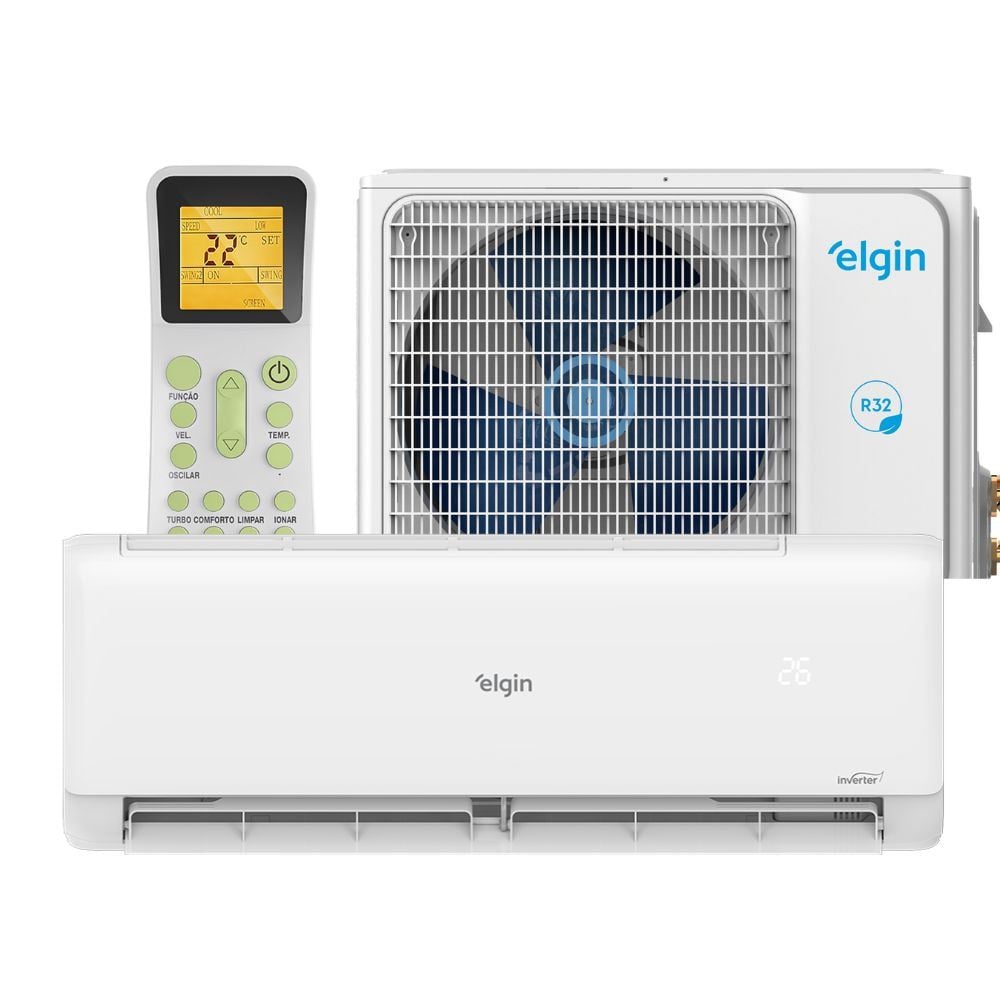 Um conjunto completo de ar-condicionado split da marca Elgin, na cor branca, com o controle remoto na parte superior. A unidade interna, retangular, e a unidade externa, com um ventilador visível, estão dispostas ao lado do controle remoto. A tela do controle exibe '22°C' no modo 'cool'. As três peças estão isoladas em um fundo branco.